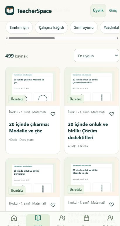 TeacherSpace mobil içerik kütüphanesinde ücretsiz matematik materyalleri ve kaynak filtreleri.