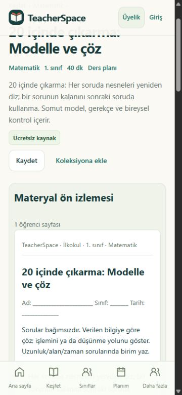 TeacherSpace’te bir matematik kaynağının öğrenci çalışma sayfası ön izlemesi; öğrenci bilgisi alanları boş.