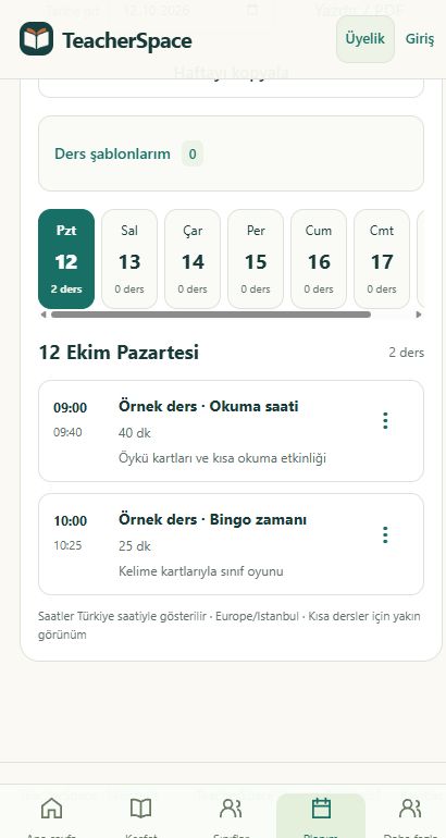 TeacherSpace haftalık planında yalnız örnek okuma saati ve bingo dersleri.